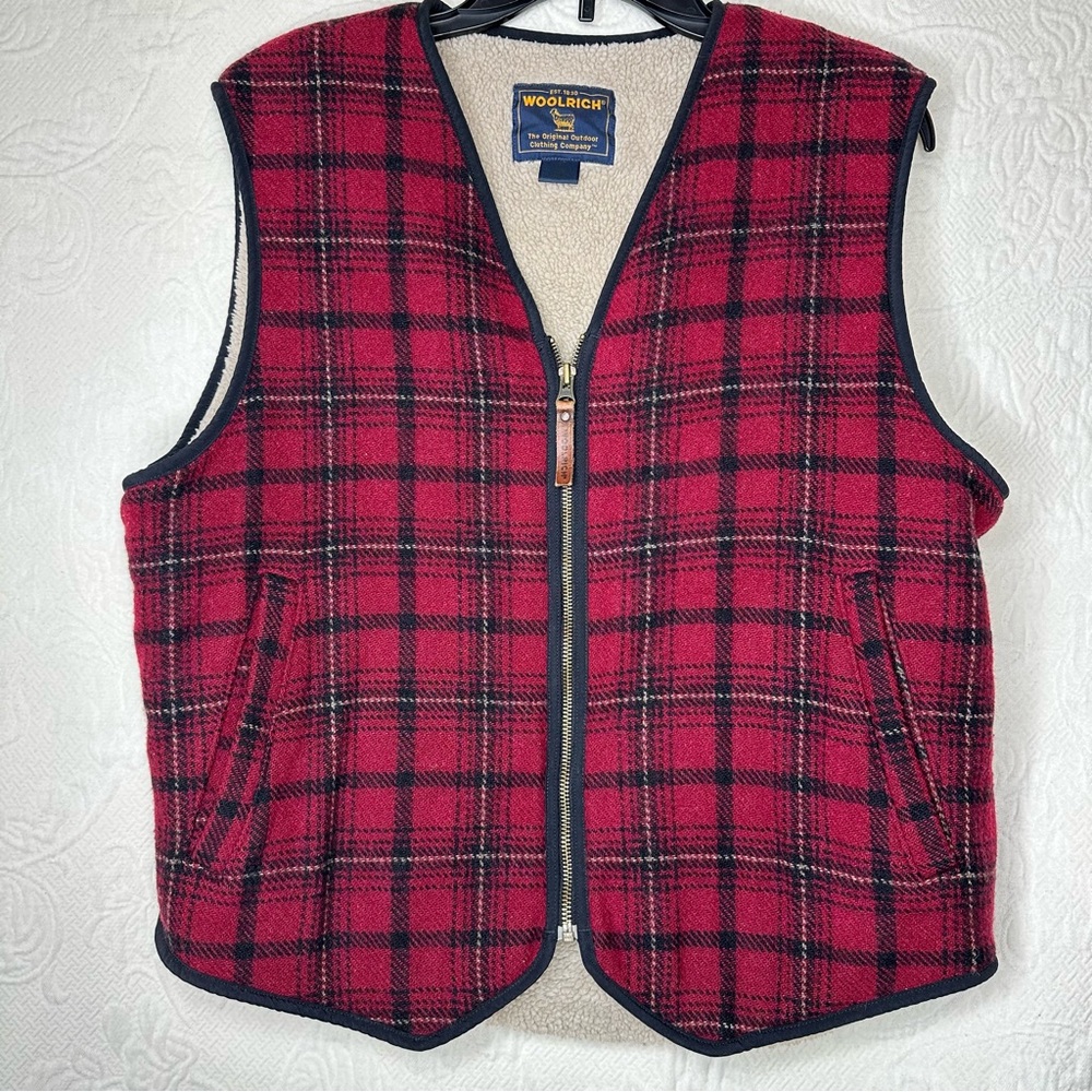 Woolrich Sherpa Lined Red Black Plaid Wool Zip Vest